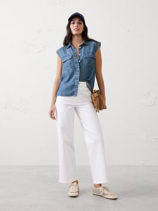 Denim Trapunto Cap-Sleeve Shirt | Banana Republic Factory