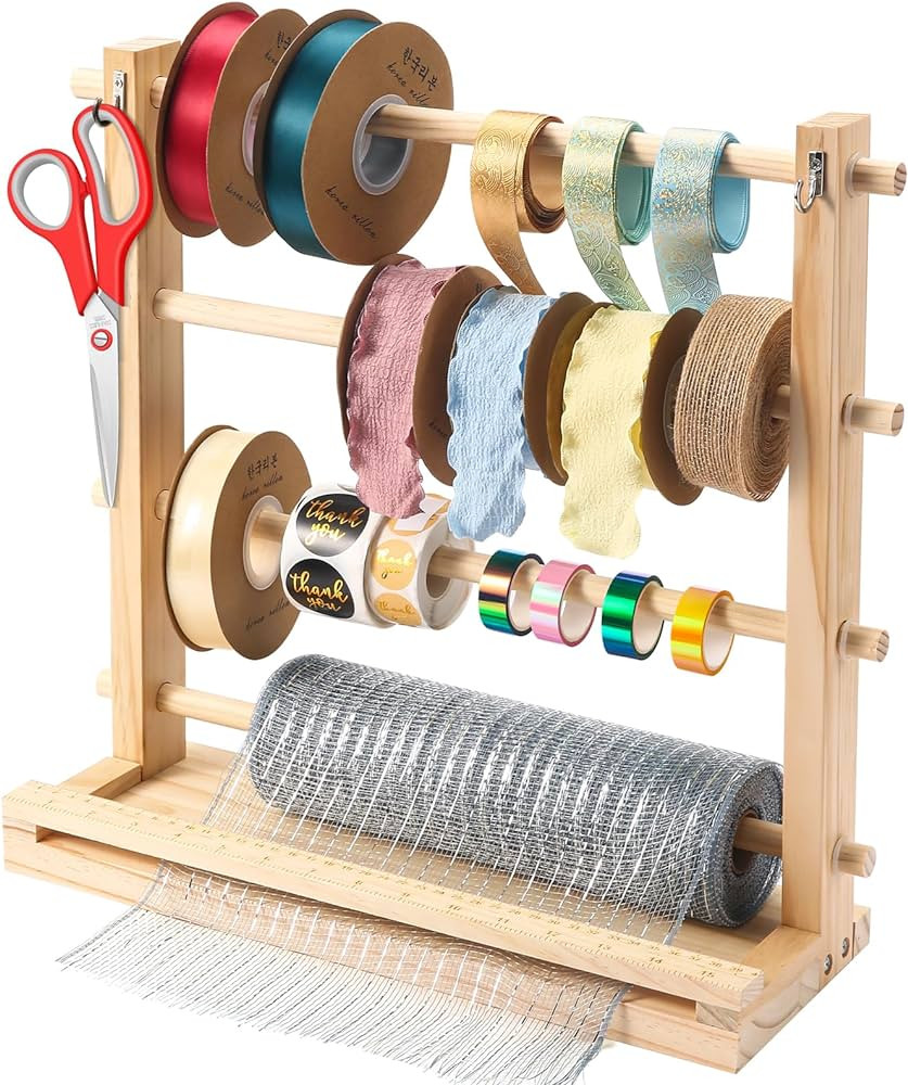 Aulin Ribbon Storage Organizer Rack - Wooden Ribbon Spool Holder for Craft Mesh Ribbon Wreath Bow... | Amazon (US)