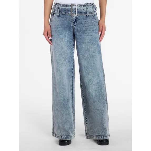 Madden NYC Wide Leg Jeans with Grommet Belt, 31.5” Inseam, Sizes 00-18 | Walmart (US)