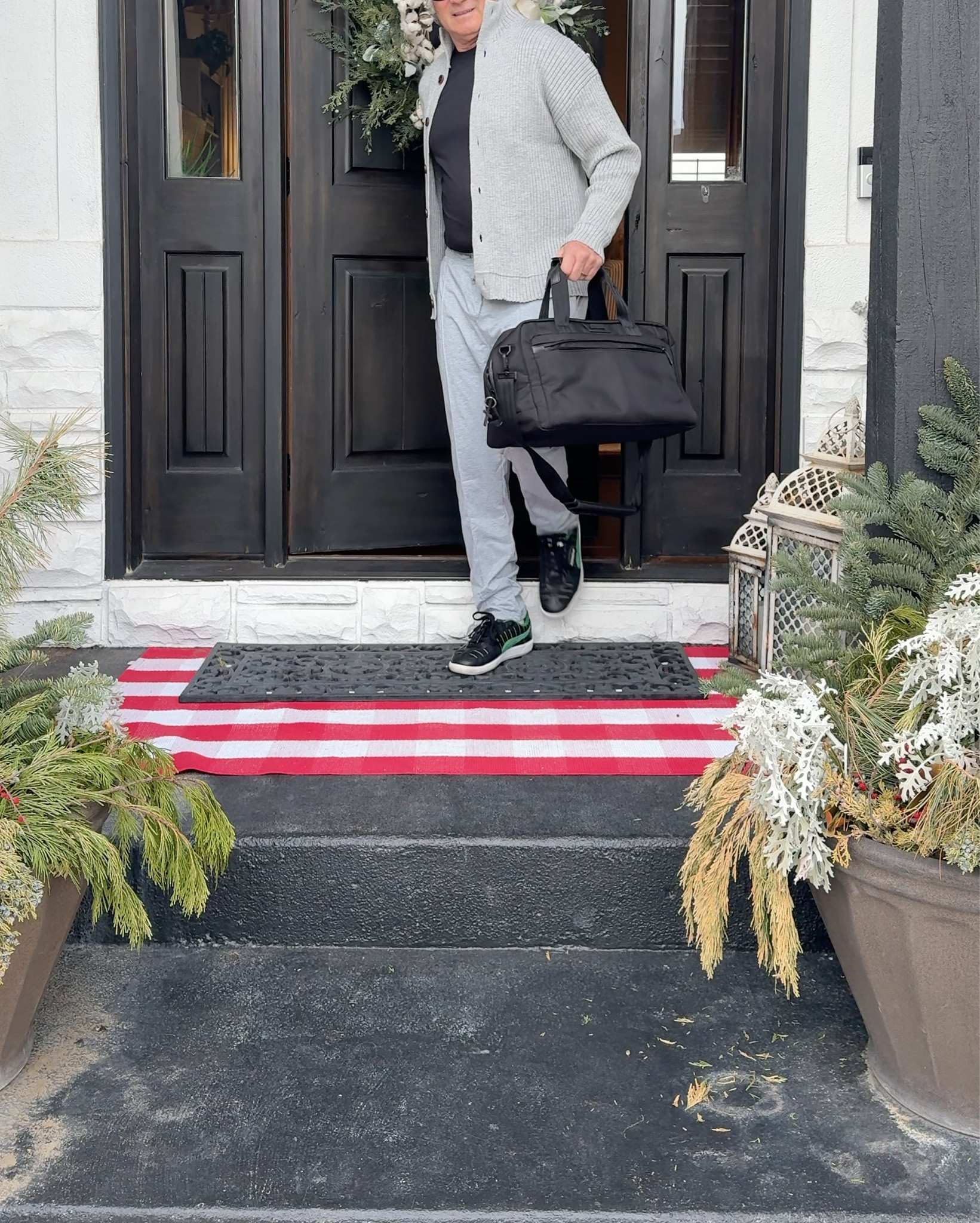 Great Quality Men’s fashion designer in England at affordable Amazon prices✔️

- rocking a laid-back vibe perfect for travel-with a grey ribbed cardigan over a black shirt, grey sweatpants or joggers, black cap, dark sunglasses, and sneakers — very relaxed/cool-dad energy • 