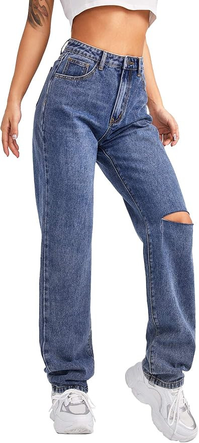 SweatyRocks Women's High Waist Slant Pocket Denim Jeans Ripped Straight Leg Pants | Amazon (US)