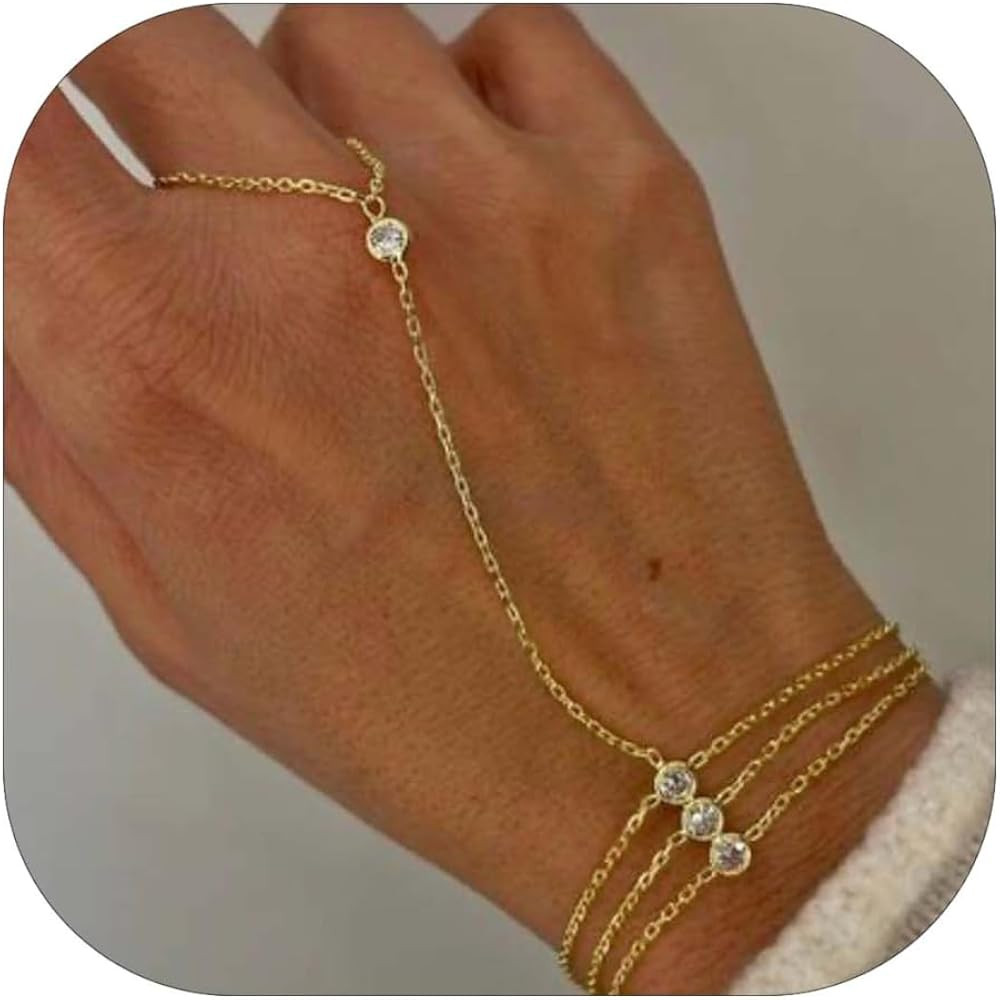 Hand Chain for Women Dainty Gold Finger Ring Bracelet 14K Gold Plated Diamond Hand Chain Bracelet... | Amazon (US)