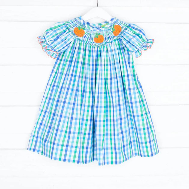 Smocked Pumpkin Green and Blue Check Bishop Dress | Classic Whimsy