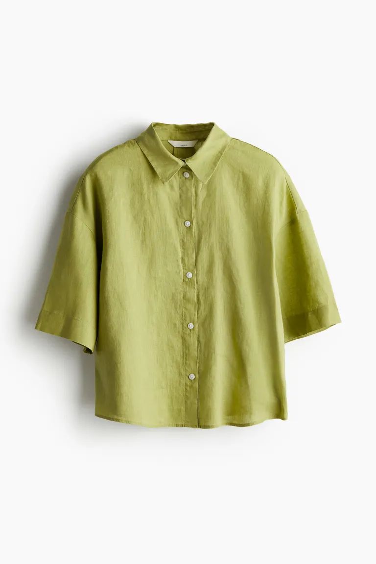 Linen Shirt - Short sleeve - Regular length - Green - Ladies | H&M US | H&M (US + CA)