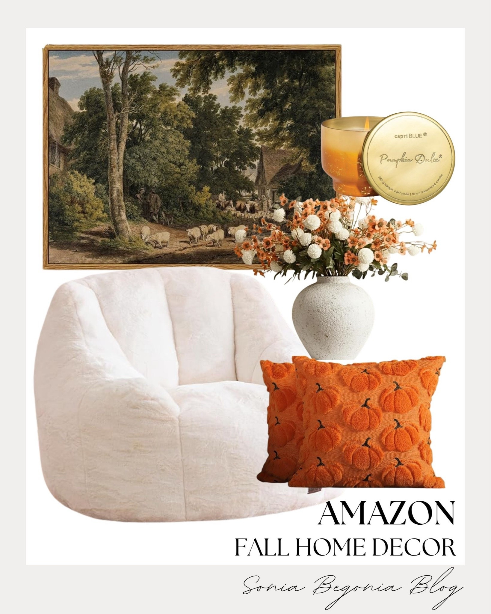 Cozy autumn home setup! 🎃 I selected warm seasonal accents including a plush white accent chair, textured orange pumpkin throw pillows, and framed landscape wall art.
I added a ceramic floral vase and a scented pumpkin candle to create the ultimate fall reading nook. 🕯️✨