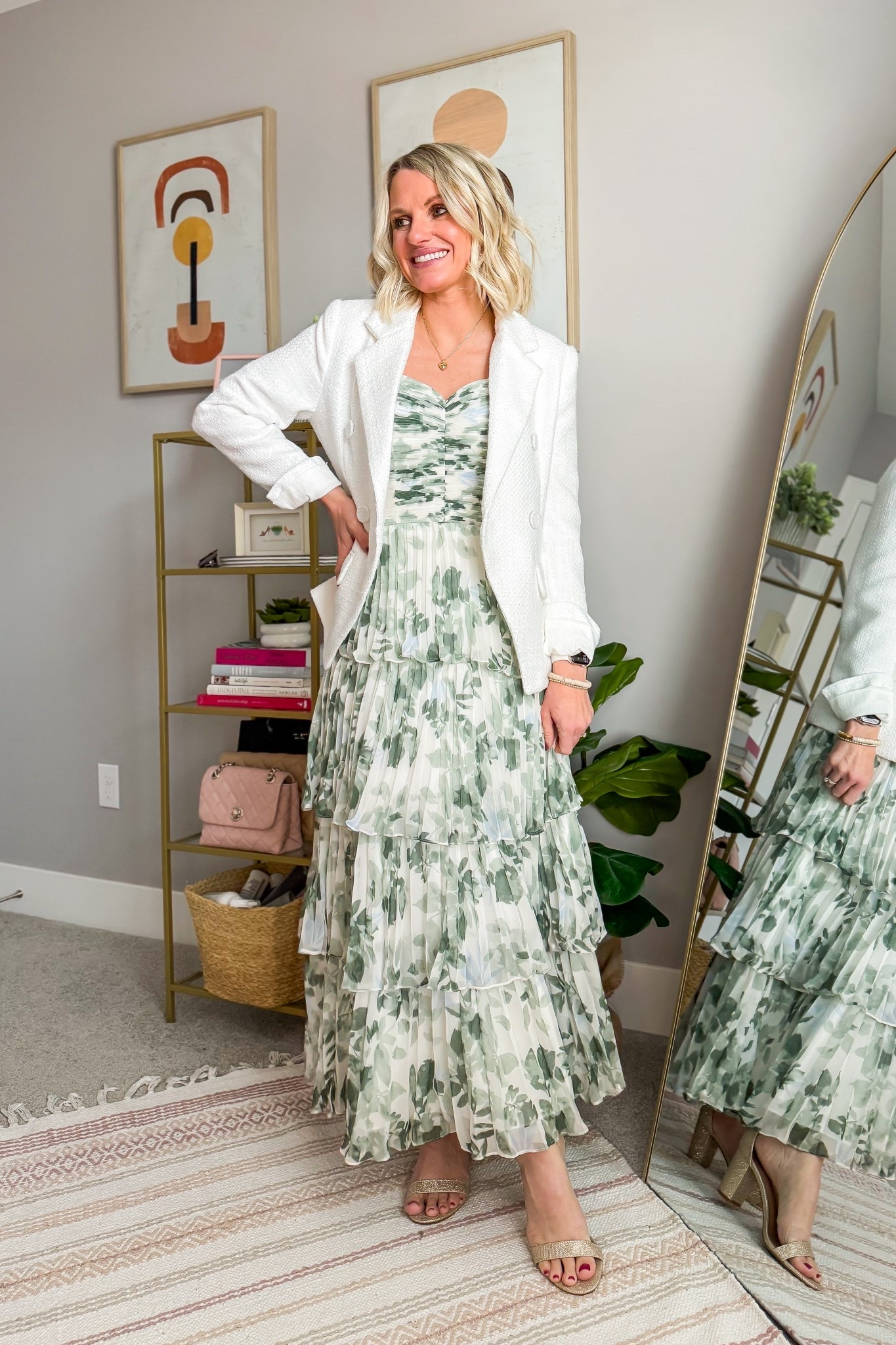 Wedding guest dress with a white blazer layered over. This is my go-to layering piece for weddings and other dressy events! 
The dress is custom sized. Blazer is an xsmall! 

#LTKOver40 #LTKWedding #LTKPetite