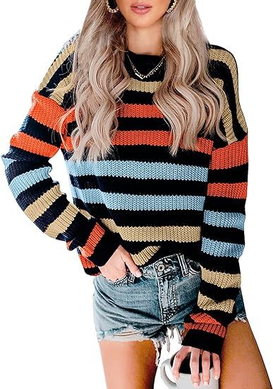 KIRUNDO 2023 Fall Winter Women's Striped Color Block Short Sweater Long Sleeve Crew Neck Casual L... | Amazon (US)