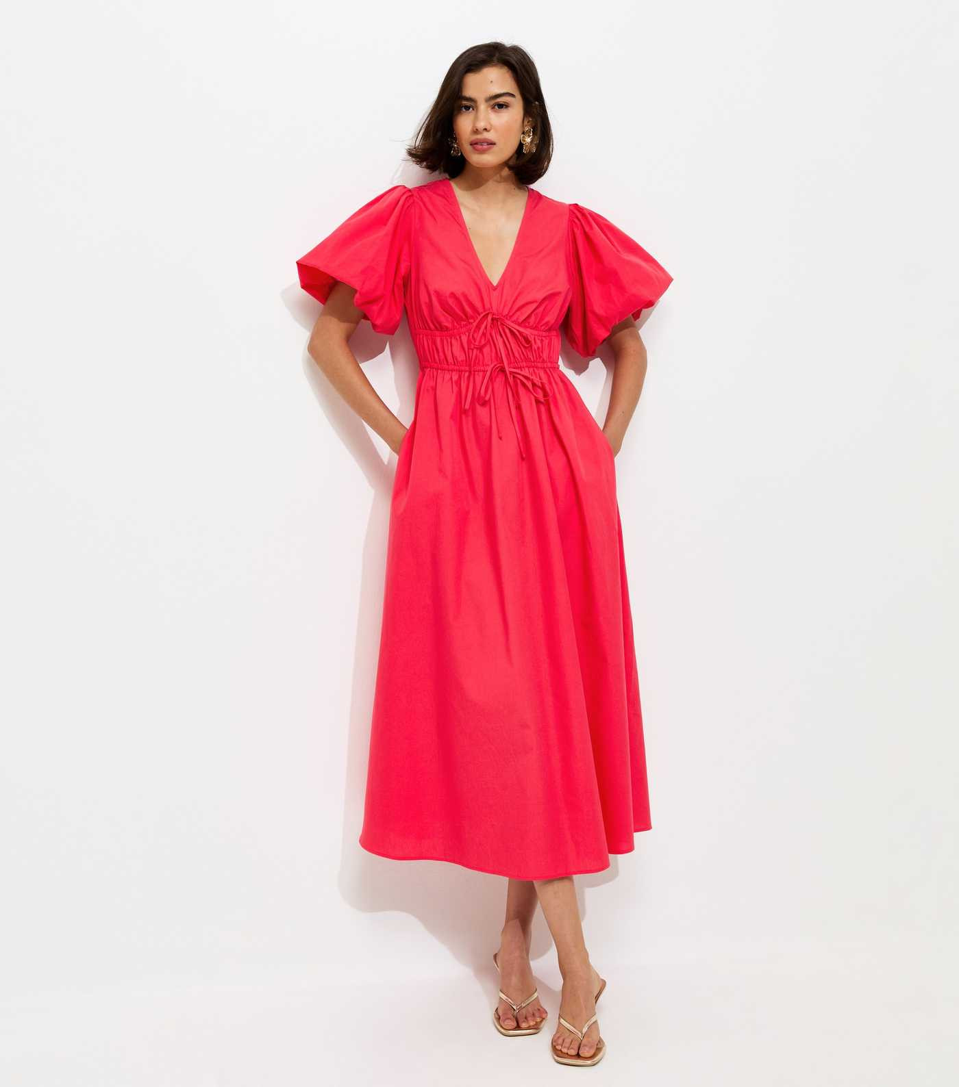 Dark Coral Cotton Puff Sleeve Midi Dress | New Look | New Look (UK)