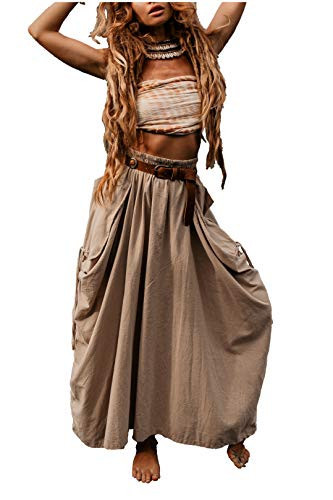 Thaluta Women's Maxi Boho Skirt with Pockets Bohemian Organic Cotton Hippie Gypsy Beige | Amazon (US)