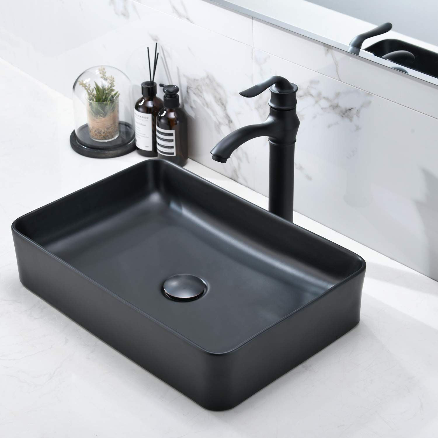 Black Vessel Sink- HLBLFY 20 Inch Bathroom Vessel Sink Above Counter Rectangular Matte Black Counter | Amazon (US)
