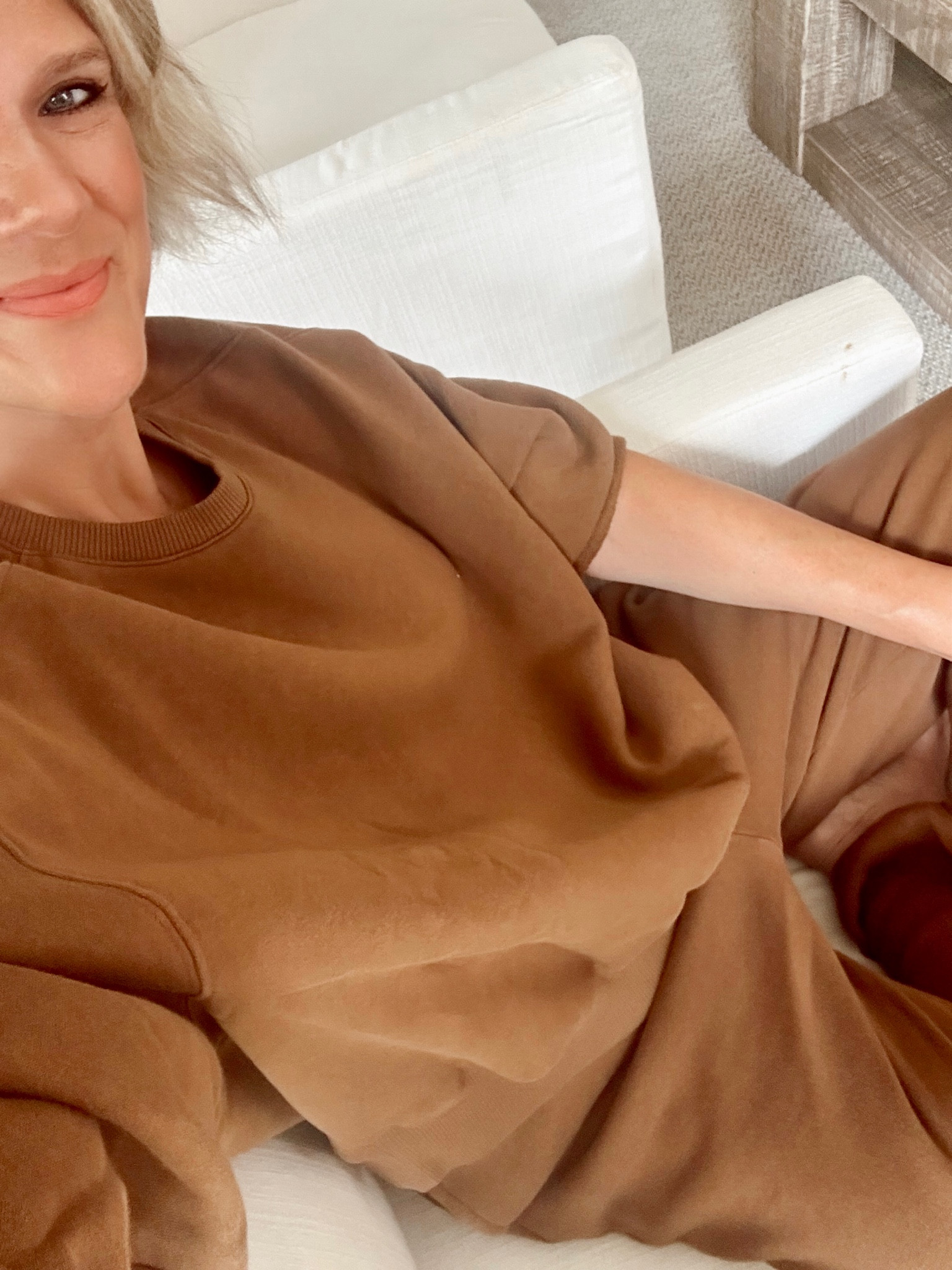 Coziest lounge set for fall // NUUDS brand is so soft and worth the investment // wearing the chocolate color but has other color options! 

#LTKFindsUnder100 #LTKOver40 #LTKSeasonal