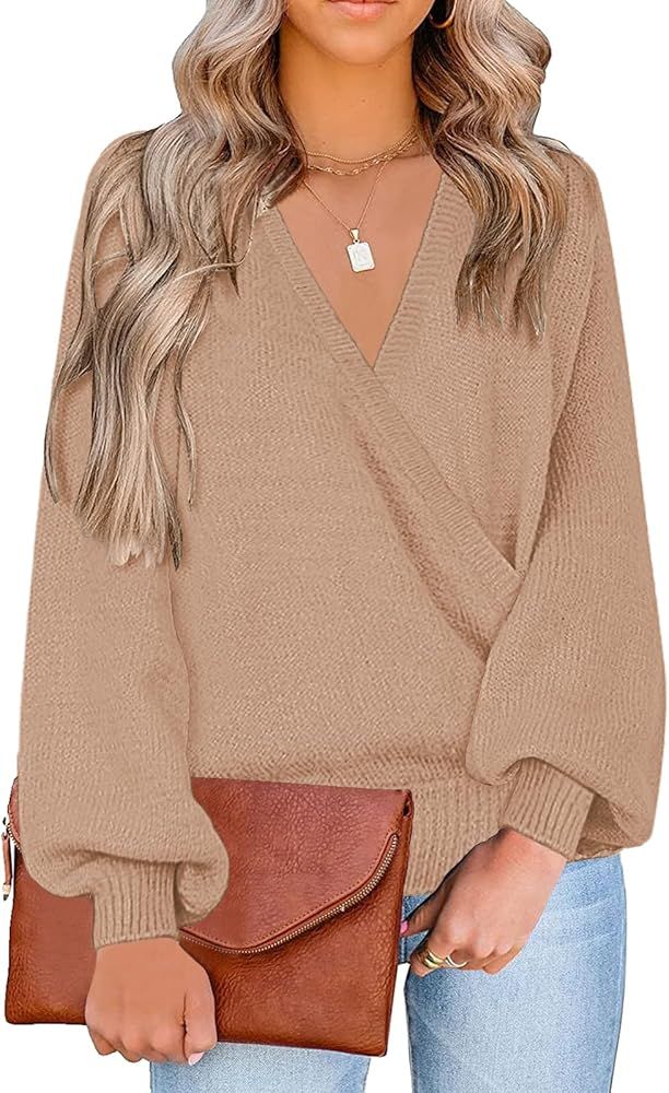 LookbookStore Women's Knit Long Sleeve Faux Wrap Surplice V Neck Sweater Top | Amazon (US)