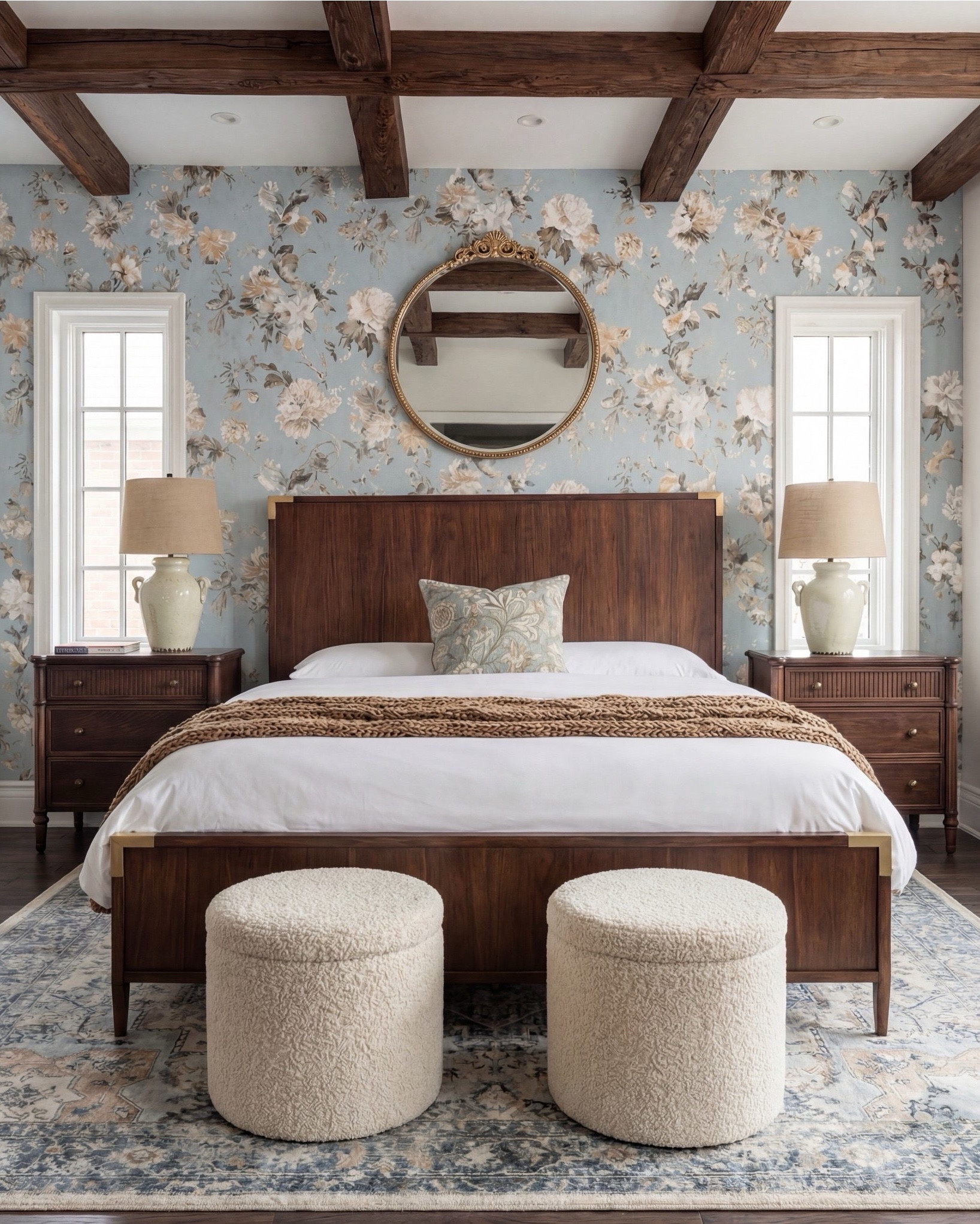 Bedroom Refresh : Shop The Look.
This bedroom is giving soft serenity with a touch of old-world charm. The blue floral wallpaper instantly sets a calming tone, bringing in that fresh, airy feeling while still feeling warm and romantic. The dark wood bed adds richness and depth, and the brass accents give it that quiet luxury moment.

The chunky knit throw brings all the coziness, and the bouclé stools at the foot of the bed add just the right amount of texture. And can we talk about the ceiling? Those exposed beams make the entire room feel architectural, grounded, and so intentional.

The window seat is the sweetest finishing touch — layered pillows, soft drapery, and the perfect nook for slow mornings. Every detail feels thoughtful, calm, and beautifully timeless.

Shop the Look:
• Blue floral wallpaper
• Dark wood bed with brass accents
• Cream bouclé round stools
• Chunky knit camel throw
• Neutral patterned area rug
• Light wood + ceramic table lamps
• Brass round wall mirror
• Window seat pillows in warm neutrals

#LTKhome #LTKsale #LTKstyletip