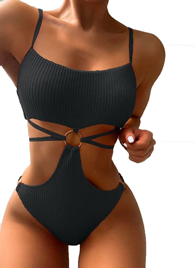 FlatterMe Ring Linked Cut-Out One Piece Swimsuit Scoop Neck Lace Up Back Monokini Bathing Suit | Amazon (US)