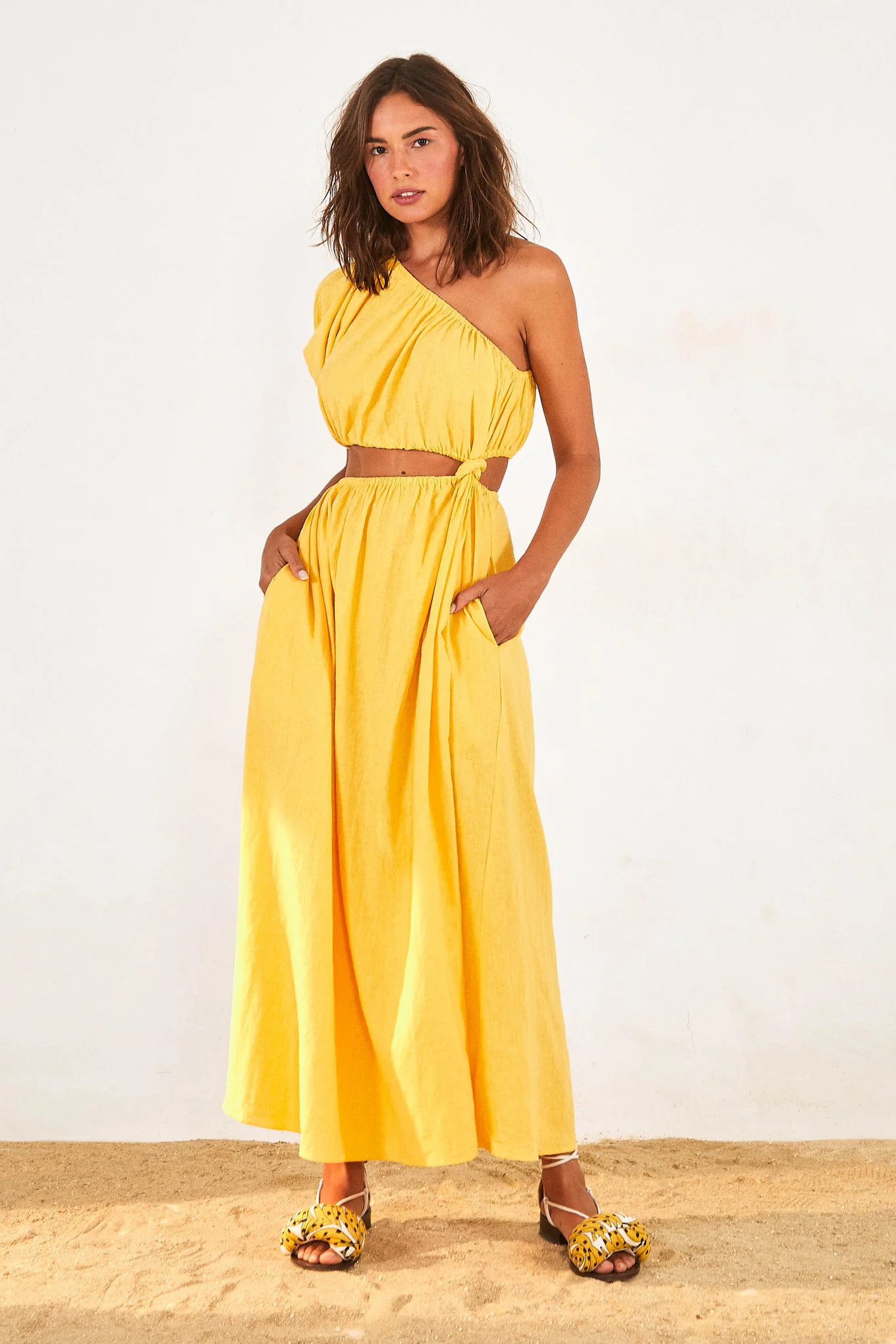 yellow open waist midi dress | FarmRio (US)