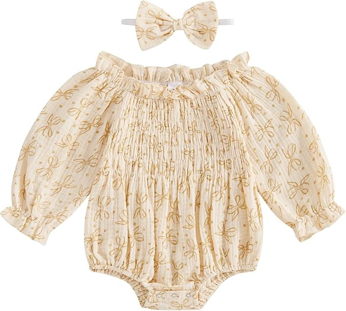 Infant Baby Girl Floral Romper Outfit Cotton Linen Smocked Bodysuit Long Sleeve Boho Clothes with... | Amazon (US)