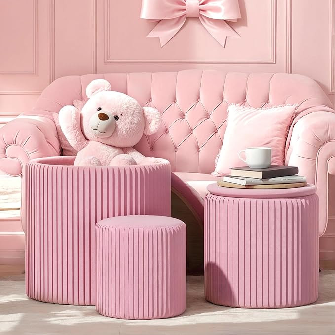 Round Set of 3 Ottoman with Storage-Upholstered Velvet Vanity Stool for Makeup Multifunctional Ot... | Amazon (US)