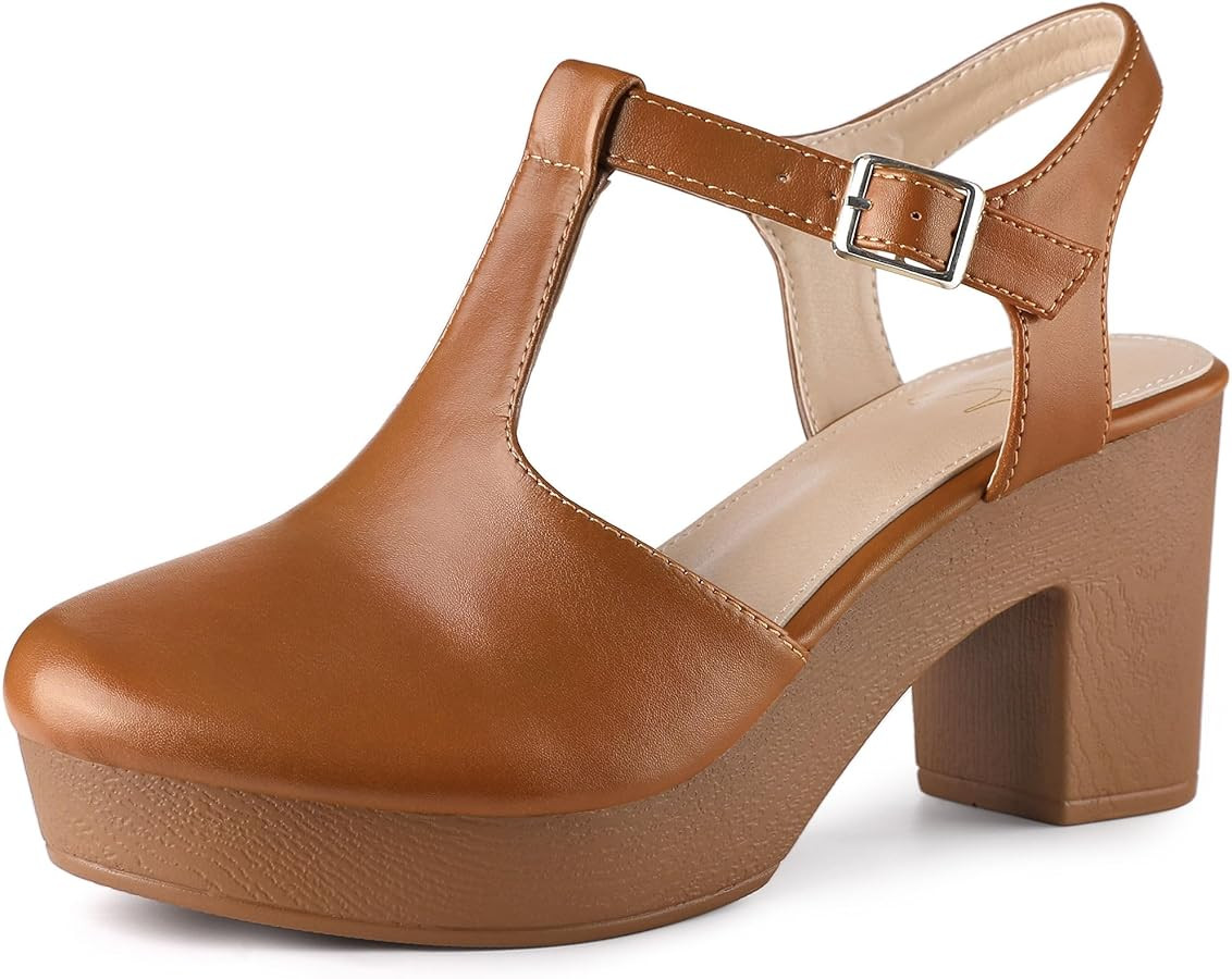 Perphy Platform T-Strap Shoes Chunky Heels Mules Sandals for Women | Amazon (US)