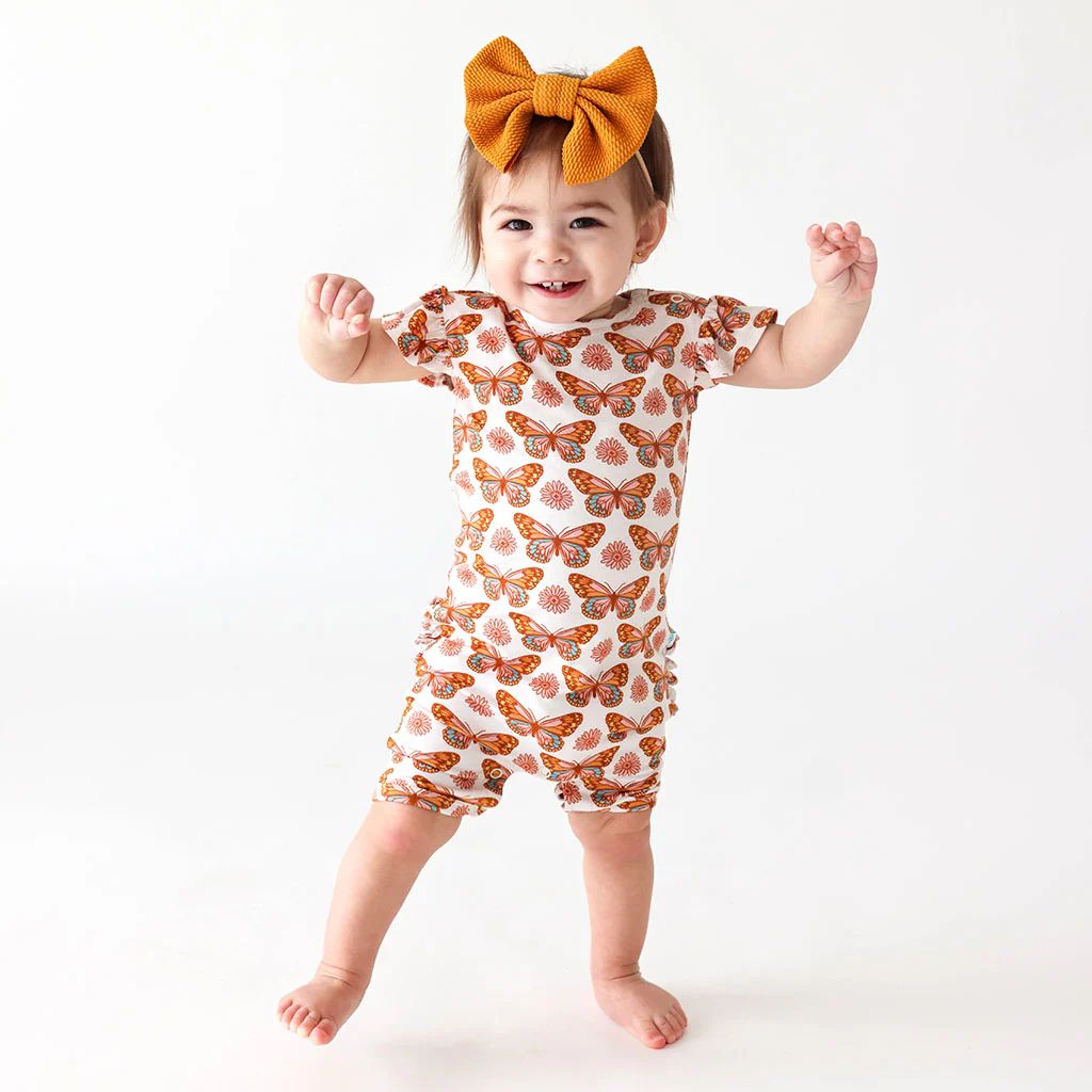 Butterfly Orange Baby Girl Short Romper | Jocelyn | Posh Peanut