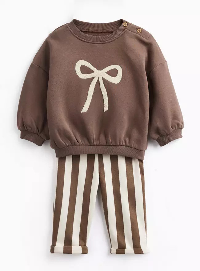 Buy Brown Bow Print Sweatshirt & Joggers Set Up to 3 mths | Outfits and sets | Tu | Tu Clothing