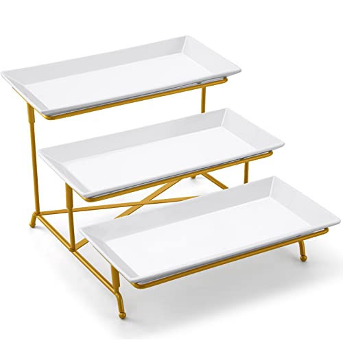 Yedio 3 Tier Serving Tray Set Porcelain Tiered Serving Platters, Collapsible Sturdier Stand with Stable Cross Bars, 12 Inch Three Layer Serving for Party Entertaining Food Display Fruit Dessert | Amazon (US)
