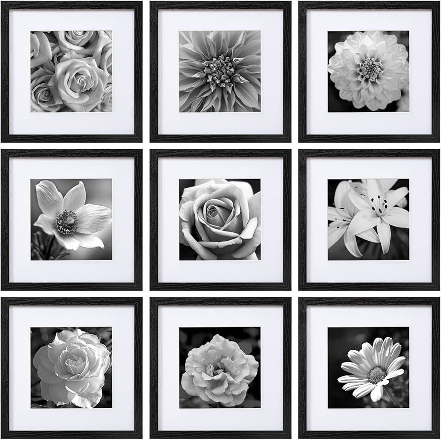 eletecpro 12x12 Picture Frames Black Set of 9, Wooden Square Frame Displays 8x8 with Mat and 12x1... | Amazon (US)