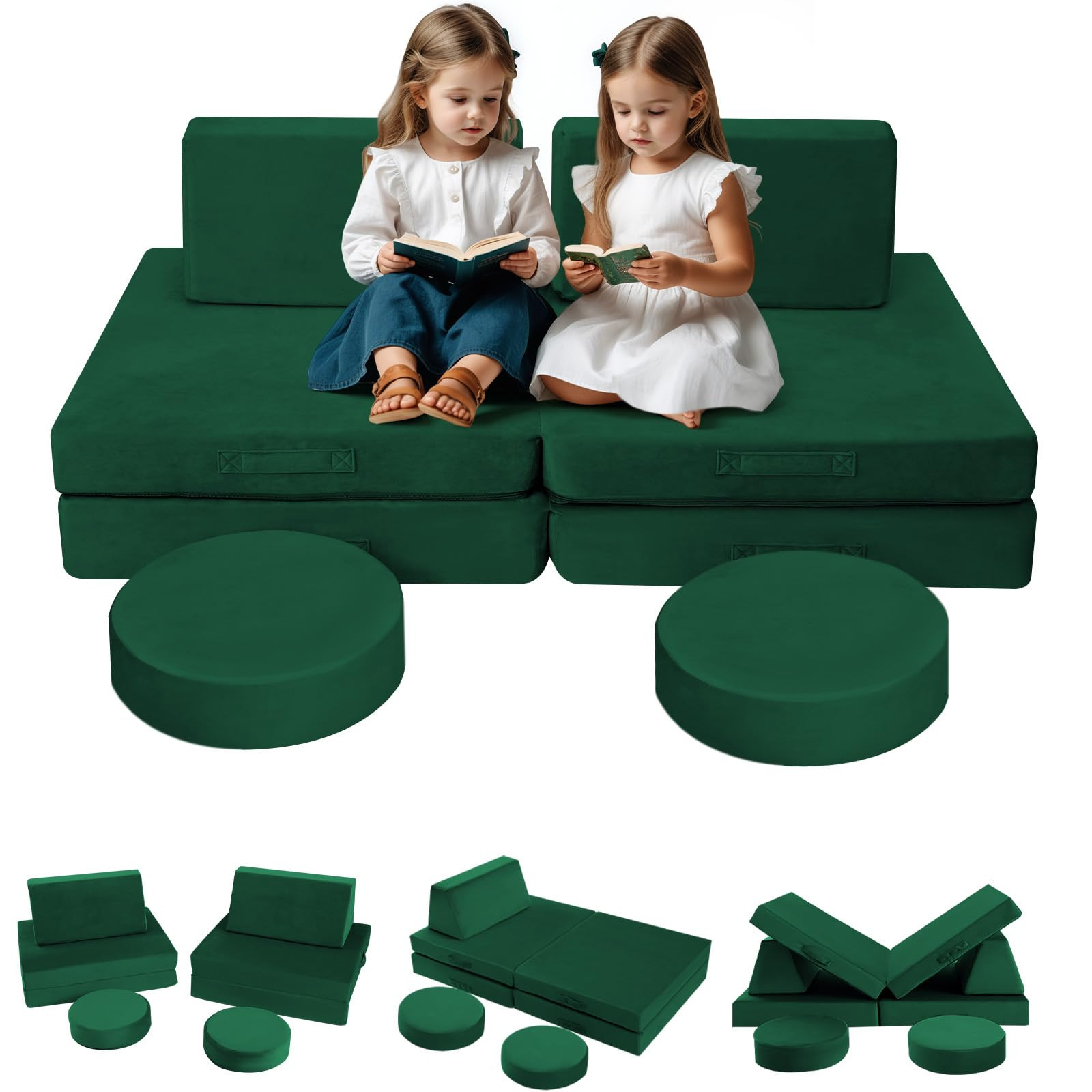 MeMoreCool 8-Piece Modular Kids Play Couch – Green Convertible Foam Toddler Sofa for Playroom, ... | Amazon (US)