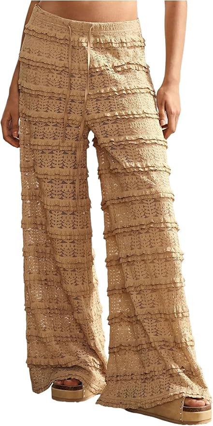 Women's Crochet Lace Pants Ruffle Layered Elastic Waist Mesh Bathing Suit Cover Up Beach Pants | Amazon (US)
