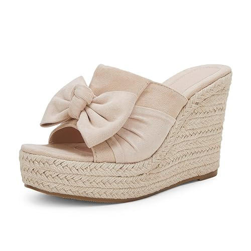 PiePieBuy Womens Platform Espadrilles Slip On Wedge Sandals Bow Tie Open Toe Slides Shoes, Beige, Size 5.5 | Amazon (US)