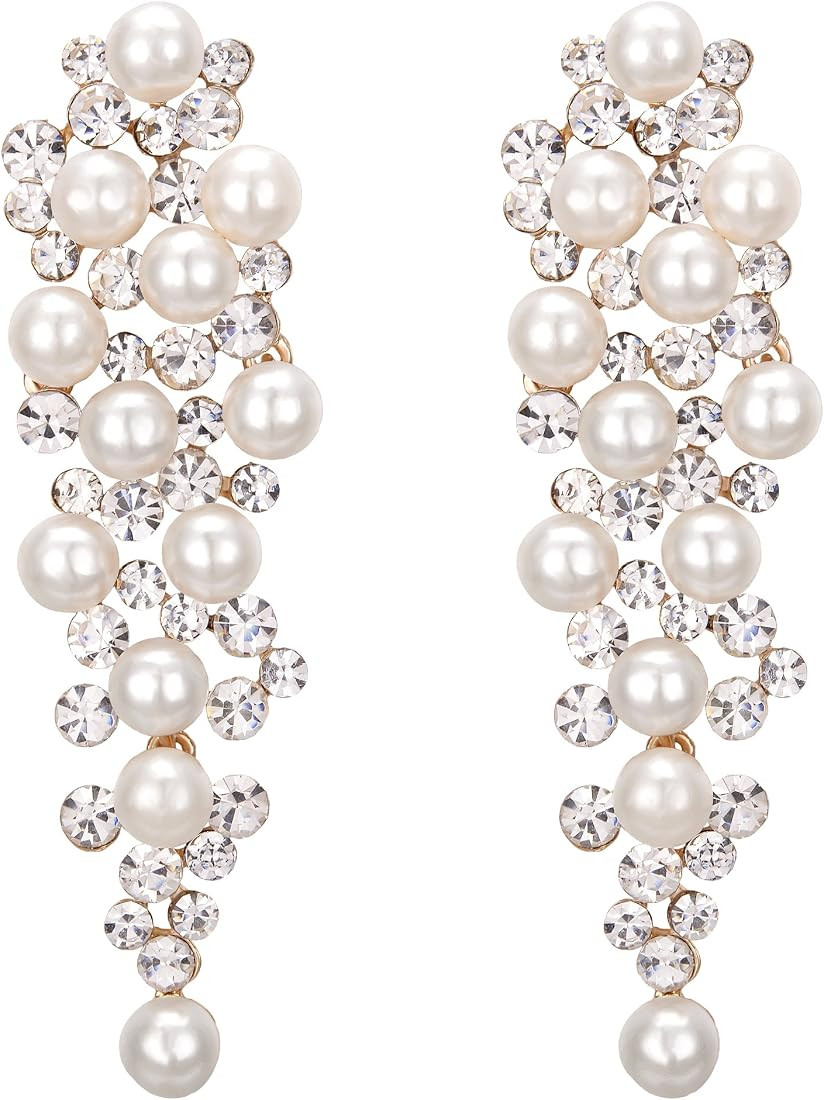 BriLove Women's Wedding Bridal Crystal Simulated Pearl Multi Beaded Cluster Chandelier Dangle Ear... | Amazon (US)
