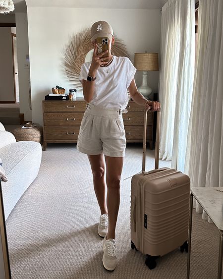 Staycation bound! Wearing the cutest  linen shorts that are comfy but easy to dress up too! Free people Cotton tee and Nsale rag&bone sneaks and beis luggage! 

#LTKxNSale #LTKtravel #LTKshoecrush