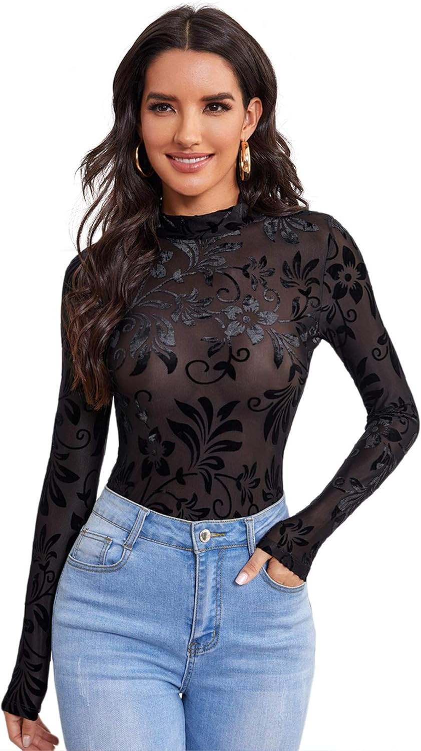 SweatyRocks Women's Long Sleeve Floral Flocked See Through Sheer Mesh Top | Amazon (US)