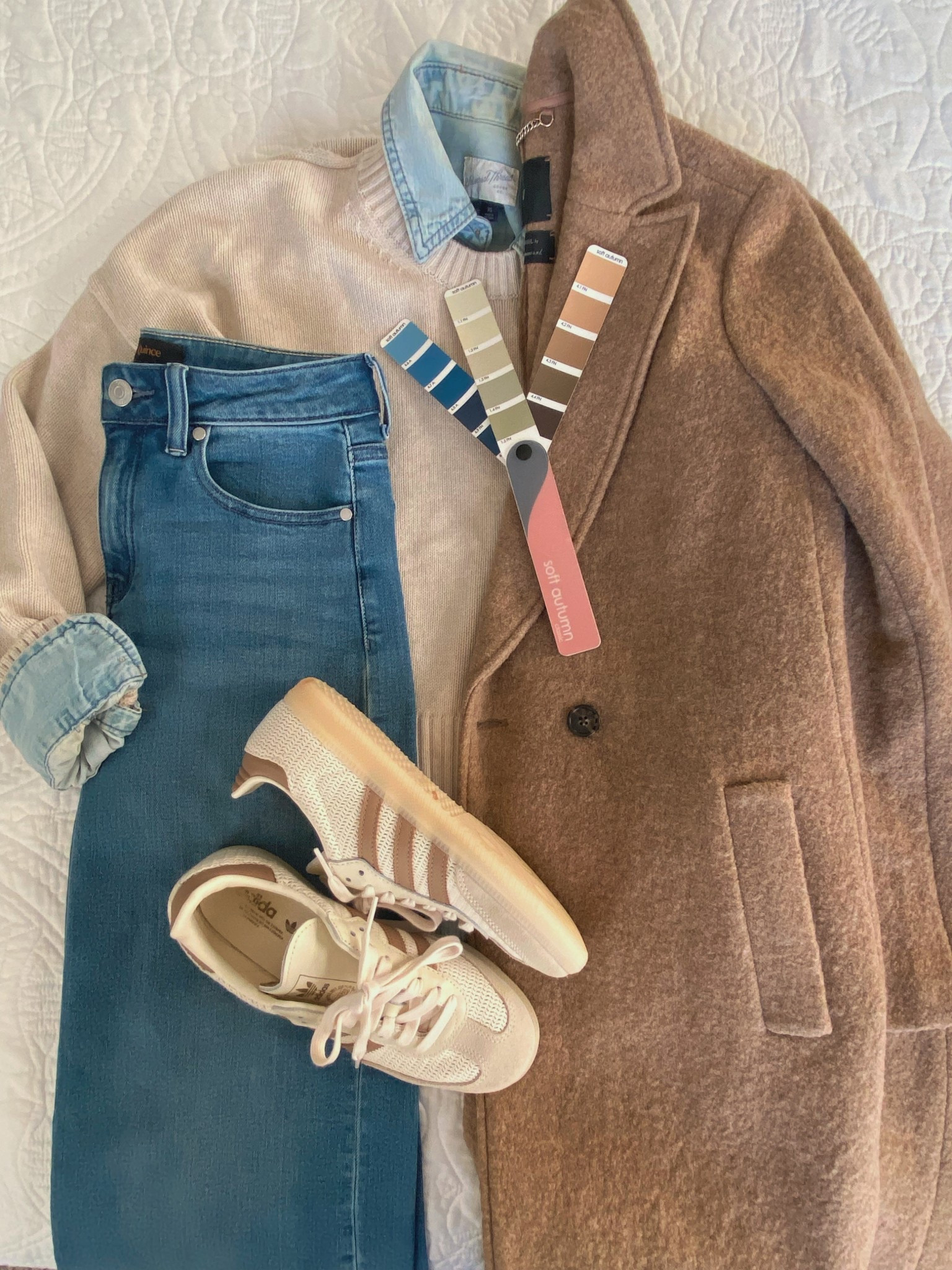 Soft Autumn outfit idea
Soft Autumn color combination 
Quince sweater in “speckled beige"
Quince jeans in “Seaside Blue” wash
Adidas Sambas sold out in this colorway
J. Crew wool coat in camel color (mine is from a few years ago)

#LTKOver40 #LTKootd #LTKPetite