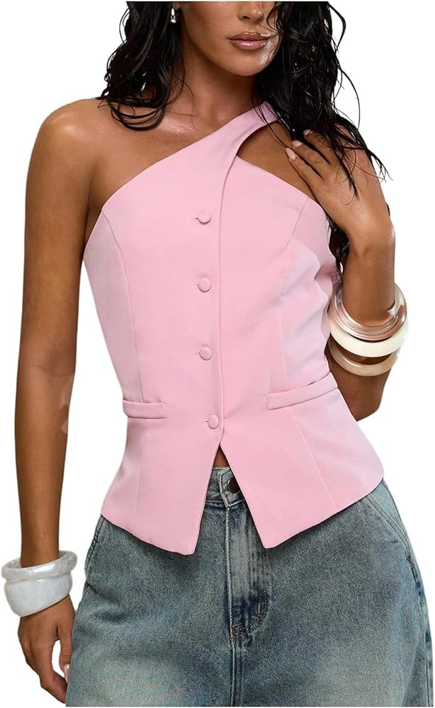 Floerns Women's One Shoulder Sleeveless Suit Vest Blazer Button Down Business Casual Waistcoat | Amazon (US)