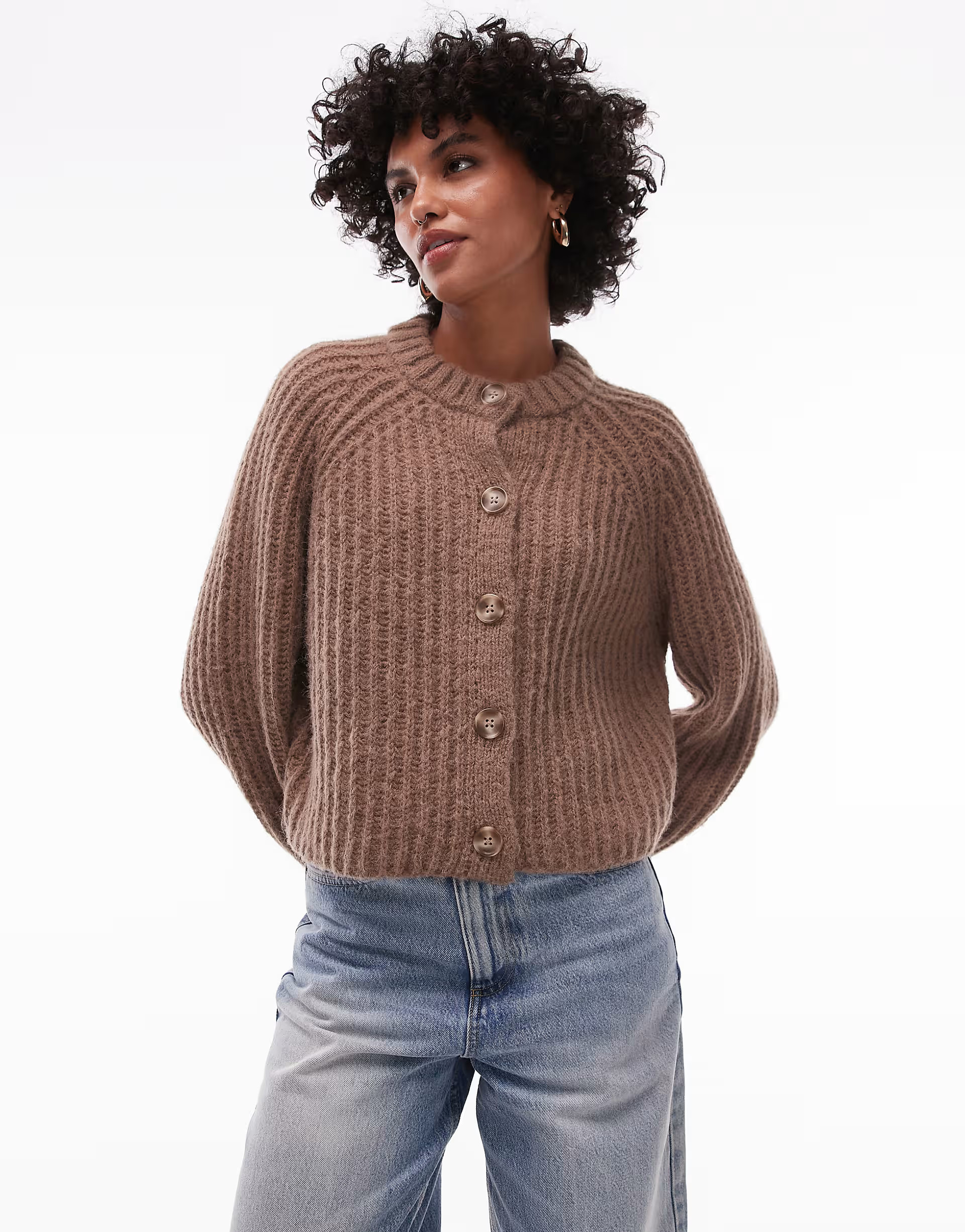 Topshop knitted chunky crew neck cardigan in brown | ASOS (Global)