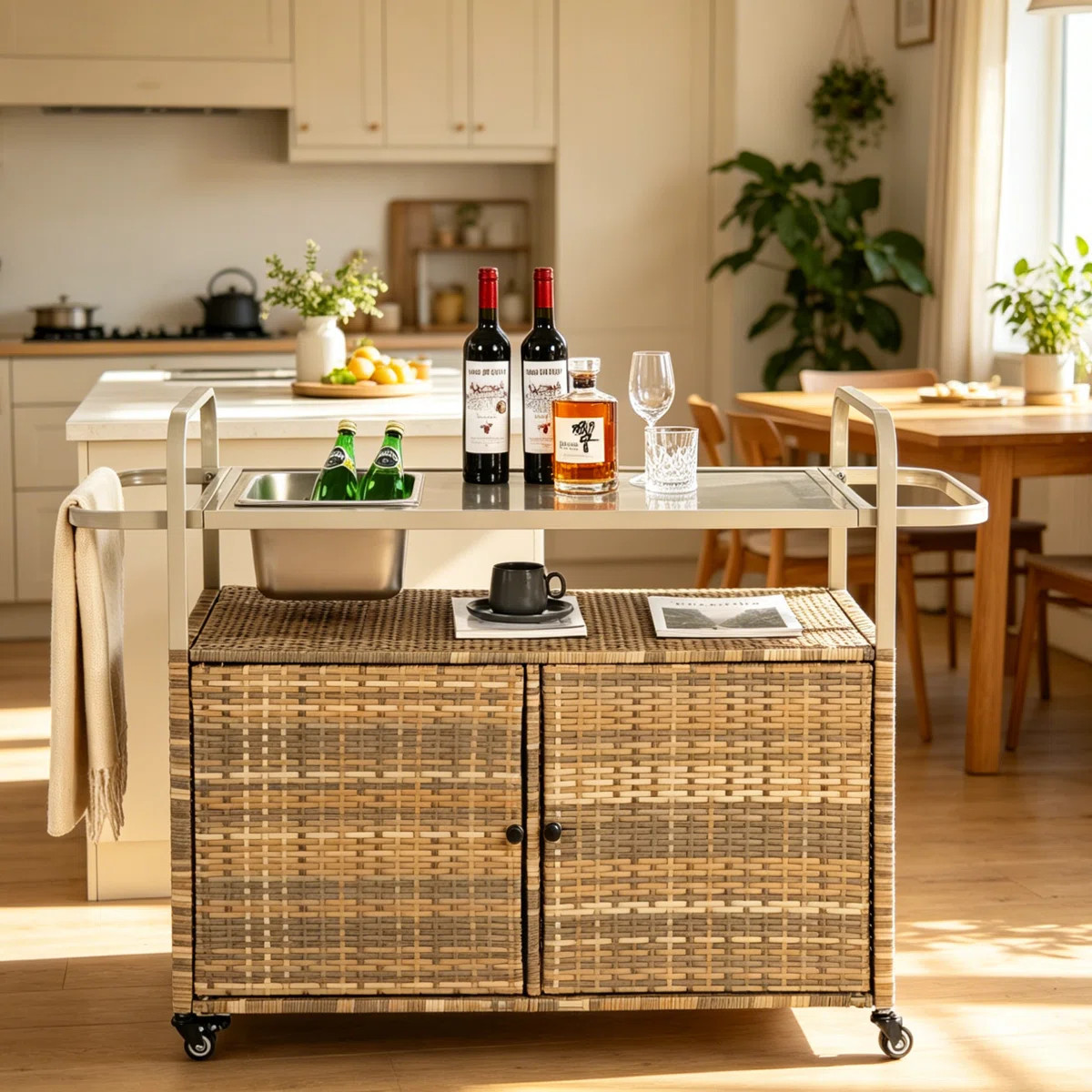 Outdoor Bar Table, Wicker Bar Cart With Cabinet, Patio Serving Cart With Steel Top, With One Ice ... | Wayfair North America