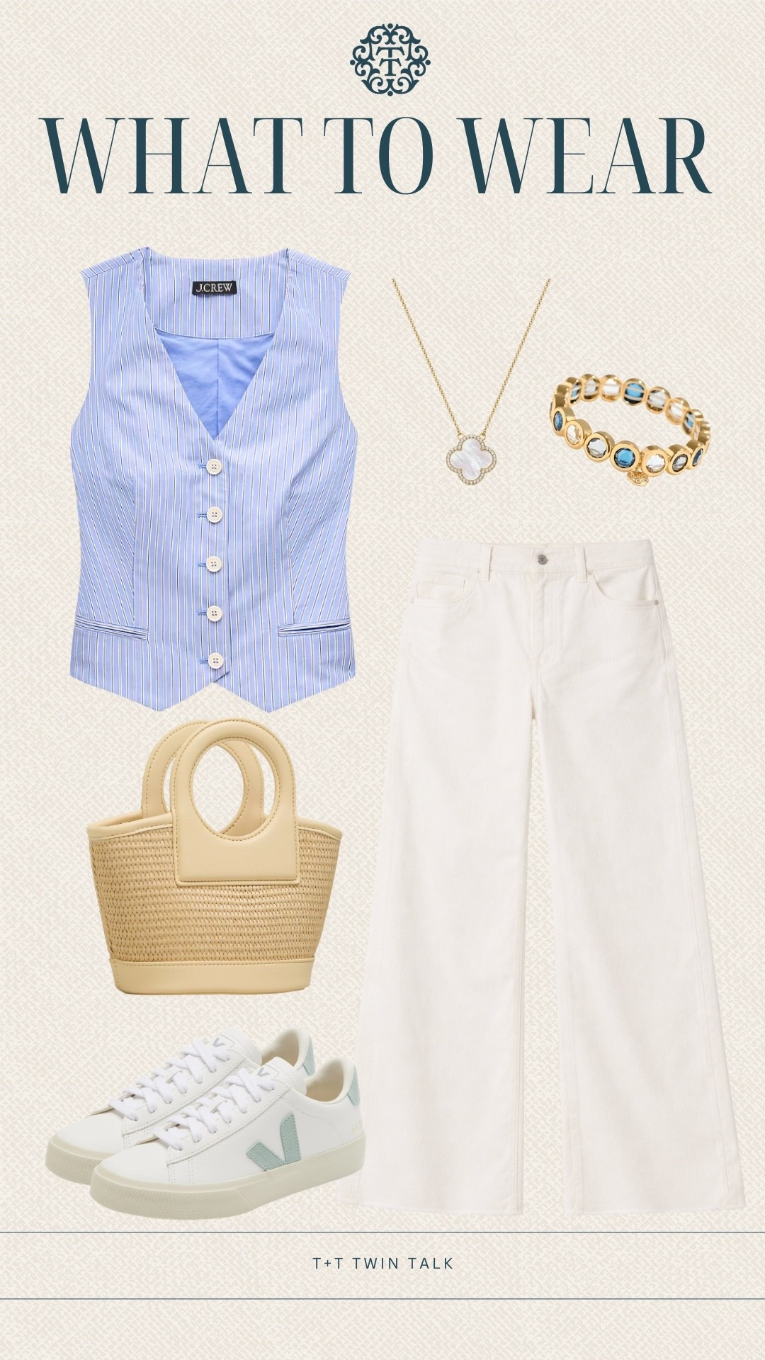 T+T, what to wear! We’re loving this blue striped J.Crew top paired with white Nordstrom pants for a clean, classic look. We added a statement bracelet from Talbots, simple jewelry, and a woven bag with sneakers to keep it casual and easy.

#LTKMidsize #LTKOver40 #LTKSeasonal
