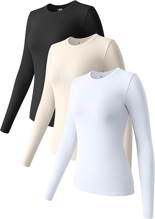 OQQ Womens 3 Piece Long Sleeve Tops Crew Neck Stretch Fitted Underscrubs Layer Tee Shirts Tops | Amazon (US)