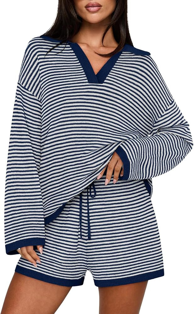 MEROKEETY Lounge Sweater Sets for Women 2 Piece Outfits Casual Long Sleeve Striped Tops Shorts Ma... | Amazon (US)