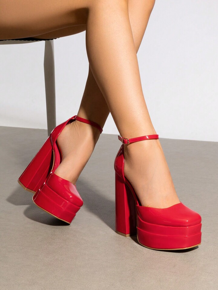 Women High Chunky Platform Closed Toe Block Heels Square Toe Ankle Strap Dress Wedding Party Prom... | SHEIN