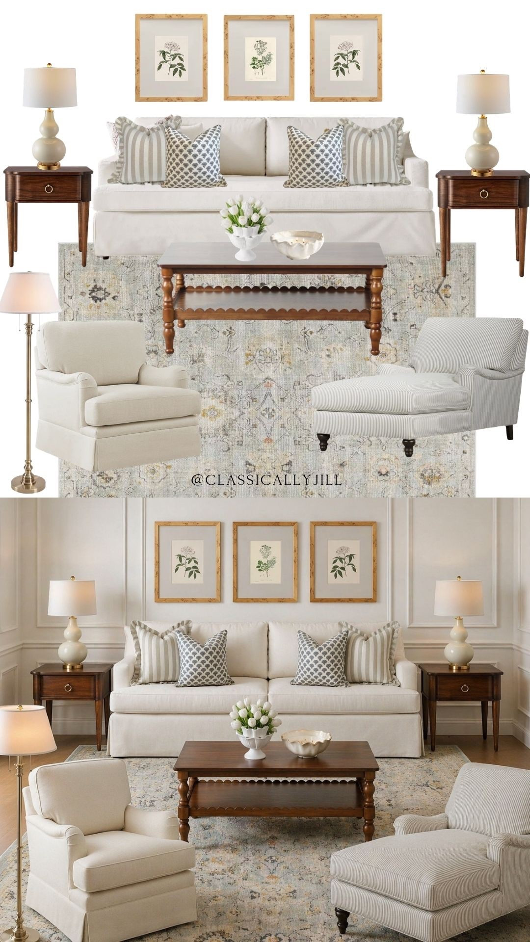 Soft neutral living room design! Love this mix of patterns on the rug and pillows. Great mix of classic staples and Grandmillennial, modern traditional elements  

#LTKHome