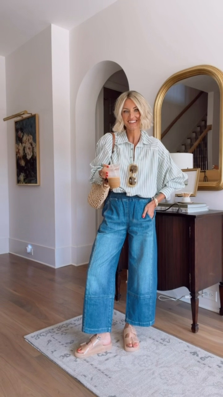 Really loving the batwing sleeves and draped shape of this button down and jeans 😍 jeans on sale now! Wearing XS in both!

Loverly grey, Anthropologie finds, striped button down outfit, barrel jeans, how to style green striped top, chic workwear staples, sale womens jeans

#LTKSeasonal #LTKSaleAlert