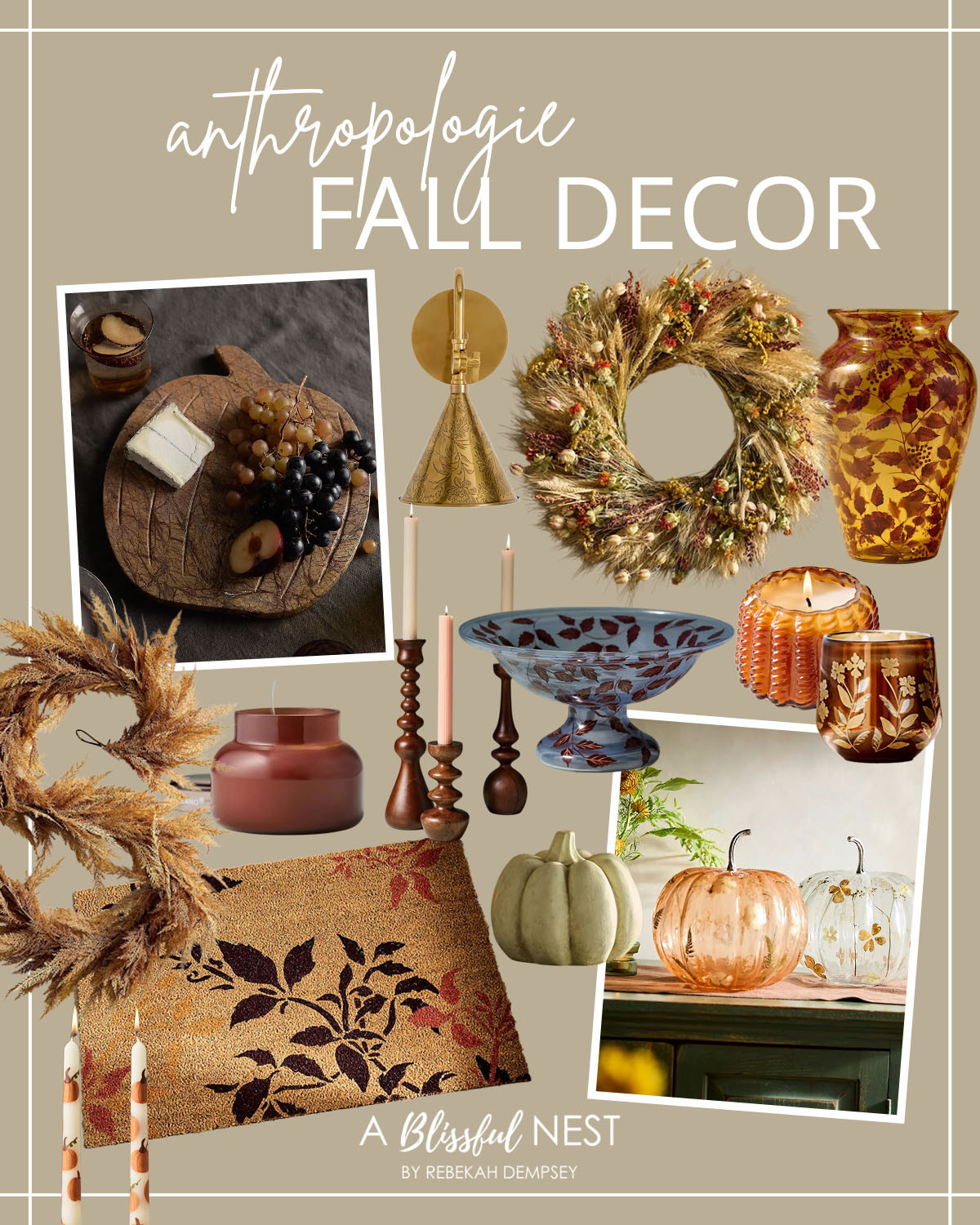 These Anthro fall decor finds bring the coziest, most collected feel to your home. Shop now!

Pumpkin cutting board, brass wall sconce, dried floral wreath, painted glass vase, jar candle, wood candlestick set, taper candles, hand painted glass compote bowl, jar candles, ceramic pumpkins, glass pumpkin décor, floral doormat, faux wheat stems, and pumpkin print taper candles. 

 #LTKSeasonal #LTKHome