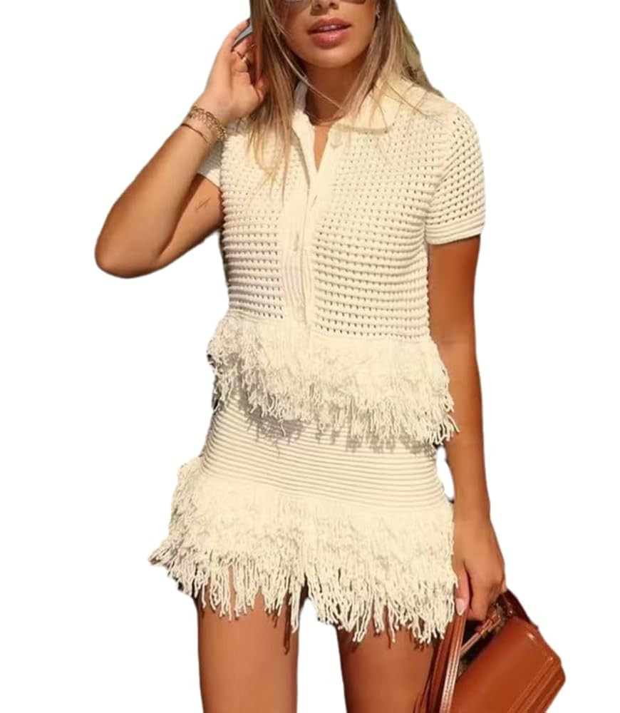 NIFTRIRY Fringe Crochet Sets Two Piece Women Polo Shirt Button With Shorts Sets Women 2 Piece Out... | Amazon (US)