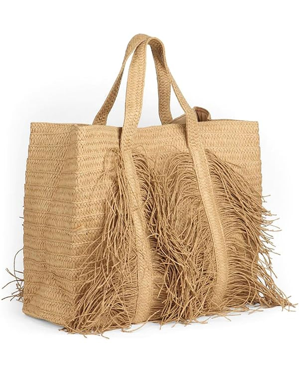 Woven Straw Tote Bag for Women, Fashion Summer Fringe Handbag with Tassel Large Beach Shoulder Ba... | Amazon (US)