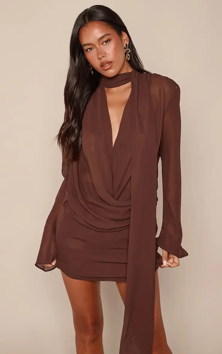 Chocolate PrettyLittleThing Chiffon Cowl Drape Scarf Mini Dress | Boohoo | Boohoo.com (UK & IE)