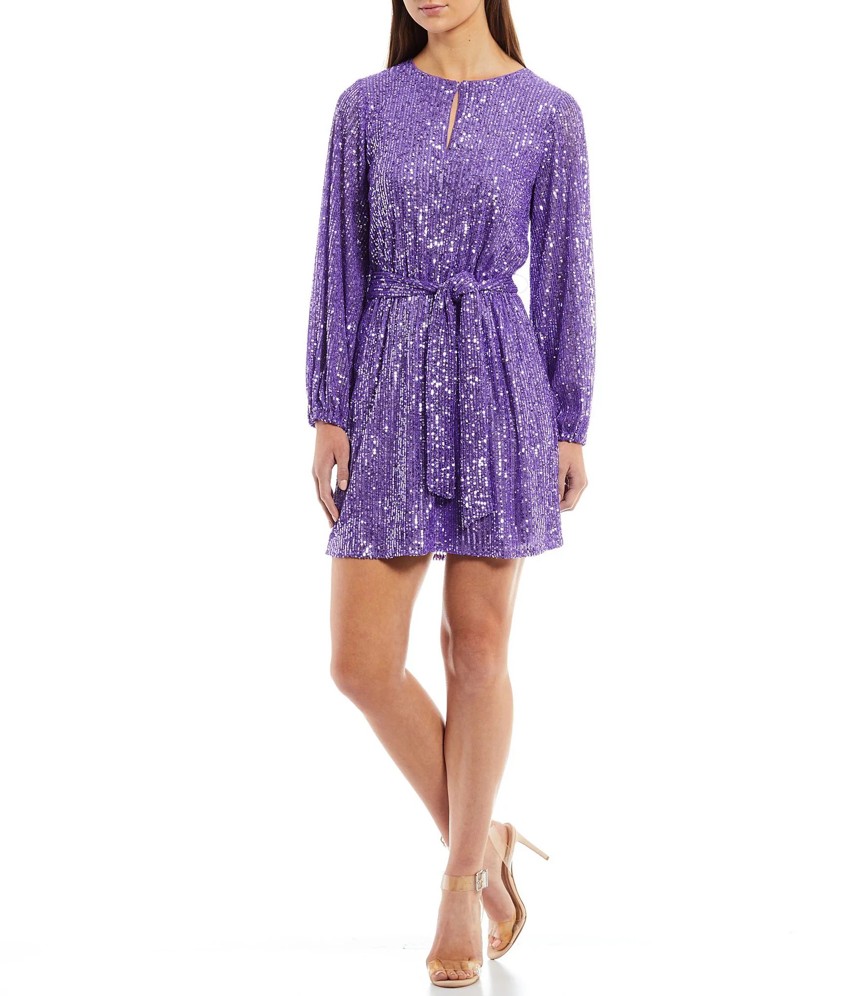 Irma Sequin Crew Keyhole Neck Long Sleeve Tie Waist Dress | Dillard's