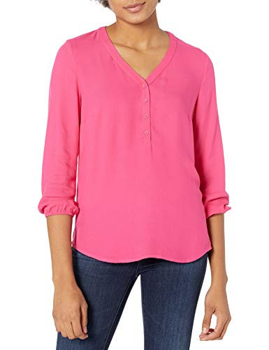 Amazon Essentials Women's 3/4 Sleeve Button Popover Shirt, Loose-Fit V-Neck Blouse, Hot Pink, XX-Large | Amazon (US)