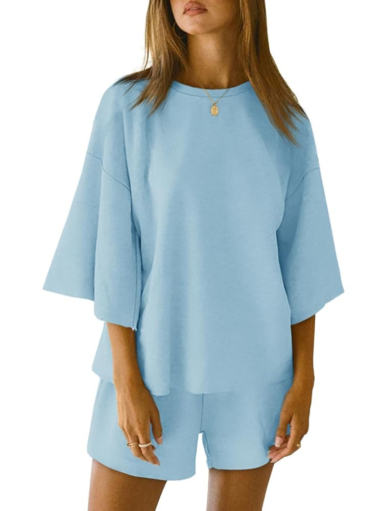 Tankaneo Womens Pajama Sets 3/4 Sleeve Oversized Tops and Elastic Waist Shorts Lounge Sets Lounge... | Amazon (US)