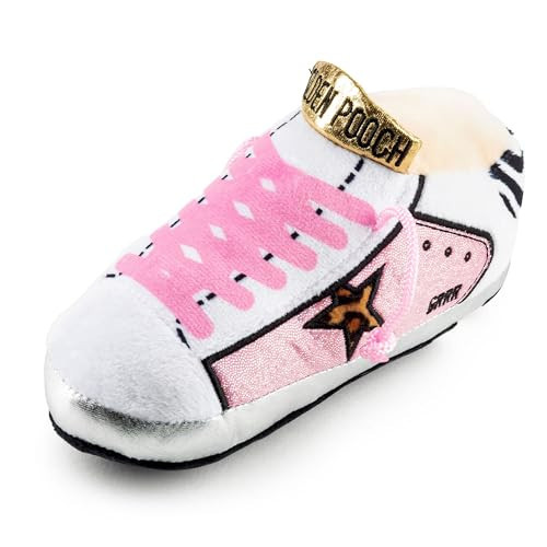 Haute Diggity Dog Pink Golden Pooch Tennis Shoe, Plush Designer Dog Toys with Interactive Squeaker, Stimulating Pet Enrichment, Machine-Washable & Safe Materials for All Breeds, One Size | Amazon (US)
